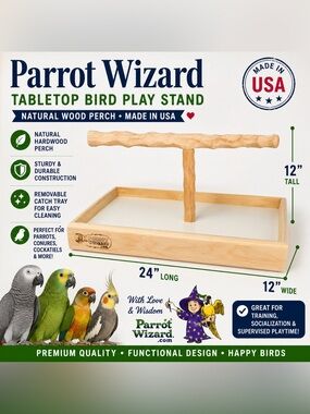 Parrot Wizard Tabletop Bird Play Stand with Catch Tray – Natural Wood Perch